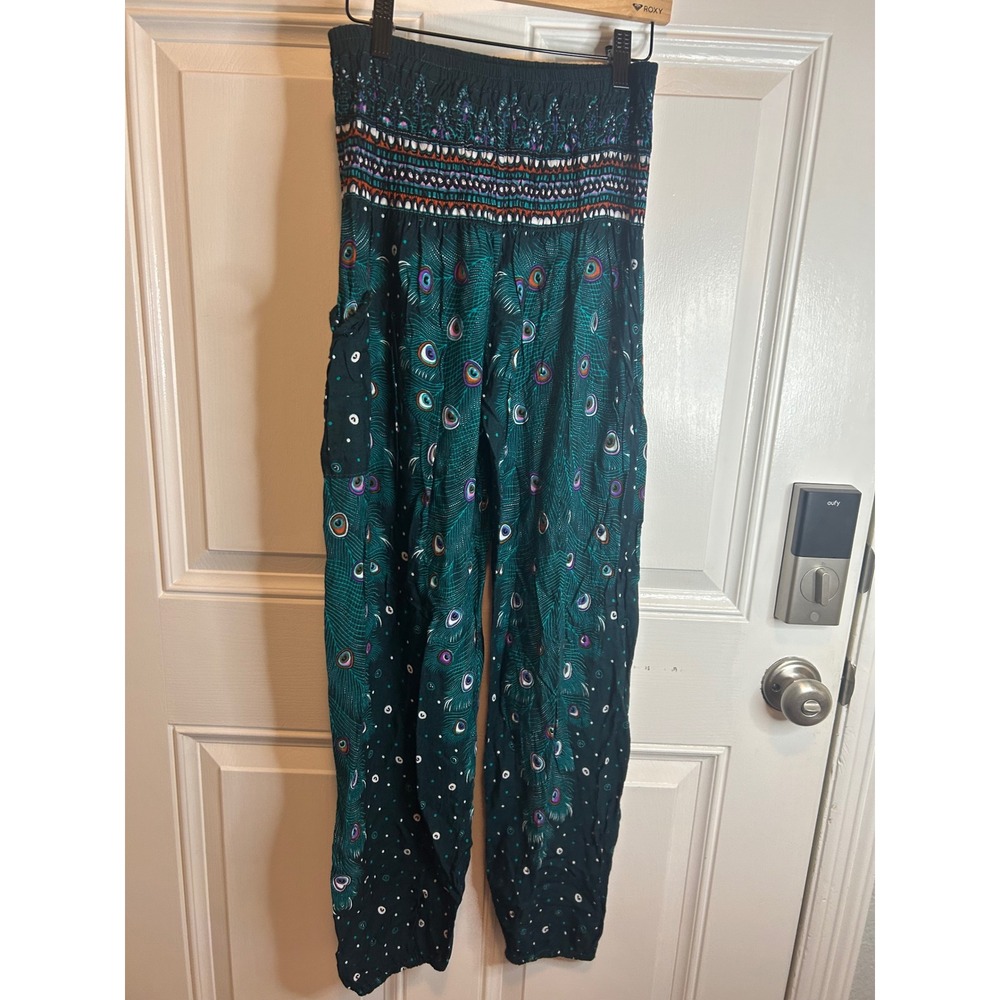 Unbranded‎ Harem Pants Teal Green Peacock Print Smocked Waist Boho Yoga Joggers